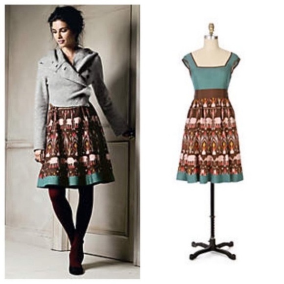 Anthropologie Diodore Elephant March Dress Fall Safari Indie Brown Pink Teal - Picture 2 of 8